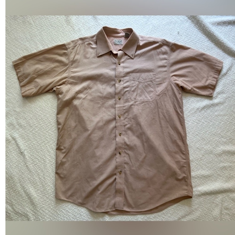 L.L. Bean Mens Large Tall Khaki Tan Short Sleeve Button Down‎ Cotton Shirt